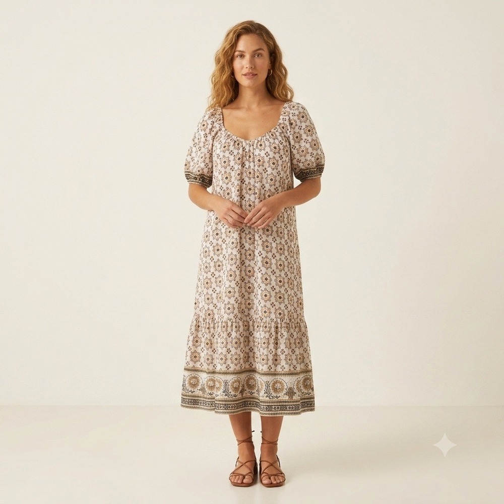 Cleobella Paula Midi Dress 100% Organic Cotton White Geometric Puff Sleeve Sz XS